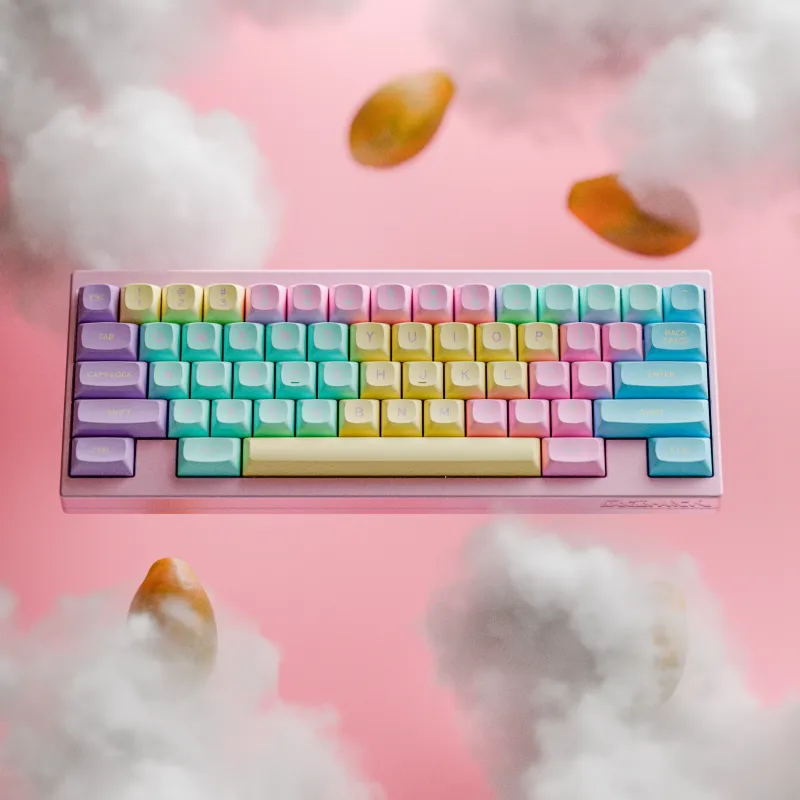 Minimalist 3D render of the GMK MTNU Divinapapaya keycap set by Manu CTRL. on a Gehirn 60 keyboard. Premium visualization by MiKeyDigit.