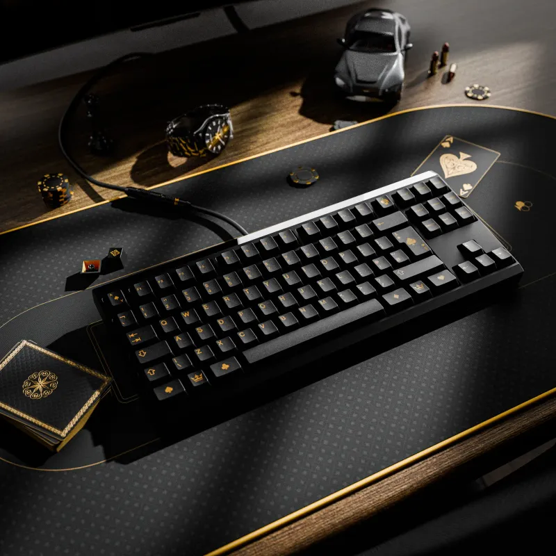 GMK Gold&Black keycaps by Boba.Types on a Katana 80 keyboard. High-contrast 3D mechanical keyboard render by MiKeyDigit.