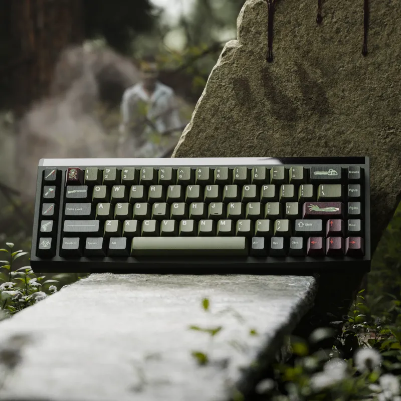 Professional 3D product render of the GMK Zombie keycap set by boba.types on a Katana 65XT. High-fidelity visualization by MiKeyDigit.