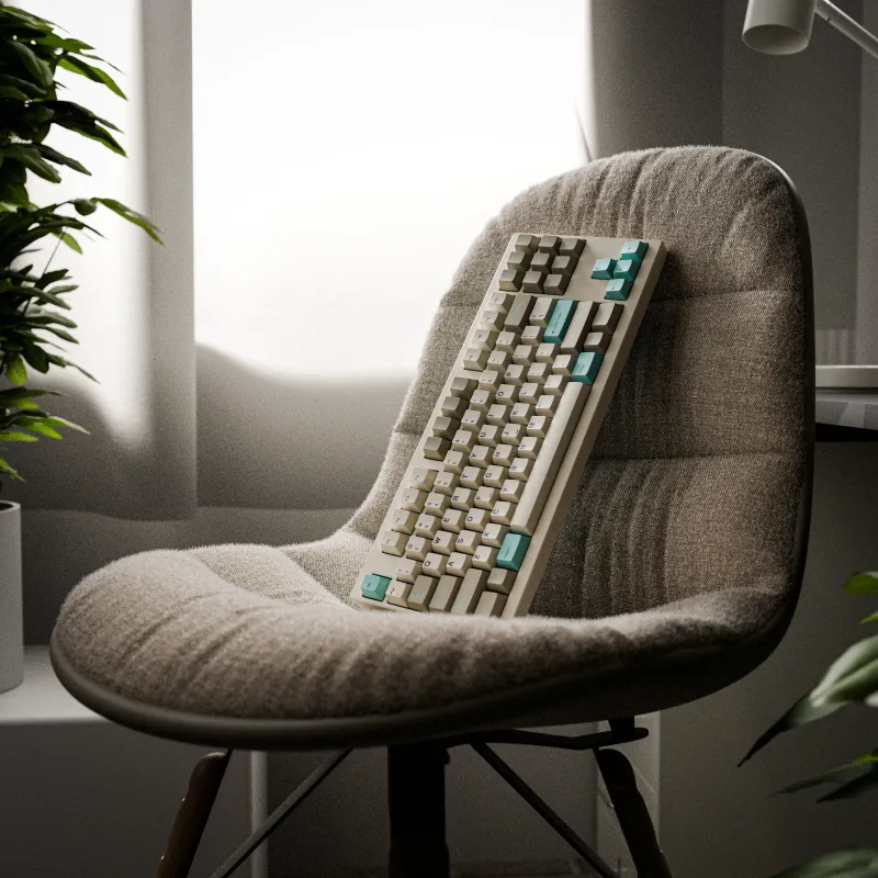 Photorealistic 3D render of the GMK Hyperbeige keycap set by Gtour on a Frog TKL keyboard. Professional mechanical keyboard visualization by MiKeyDigit.