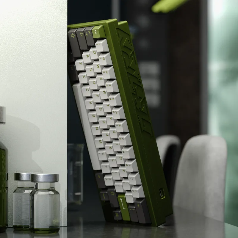 Architectural 3D render of the Gehirn 60 keyboard by Baionlenja & Bowl with GMK Lime keycaps. Luxury peripheral visualization by MiKeyDigit.