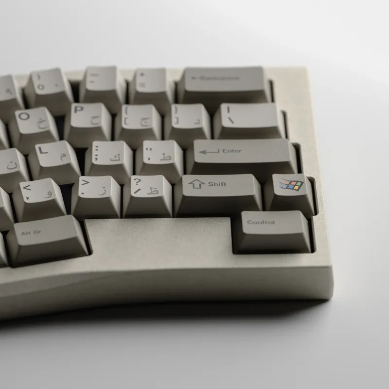 KKB Beige keycaps by Moriimx on a RYU Ergo V2 keyboard by Geonworks. Clean ergonomic 3D mechanical keyboard render by MiKeyDigit.