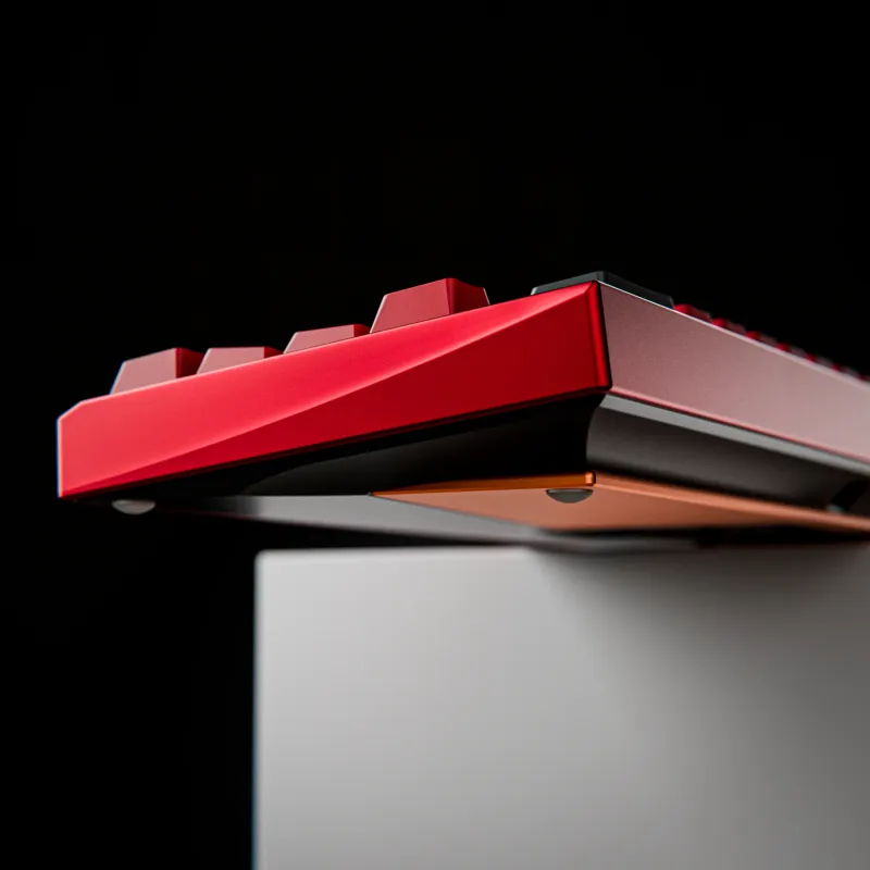 Tohsaka keyboard by Auena with GMK Red Samurai keycaps. Bold and sophisticated 3D mechanical keyboard product render by MiKeyDigit.